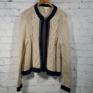 Chicos beige navy one hook silver chain Cable Knit cardigan Heavyweight Size 2